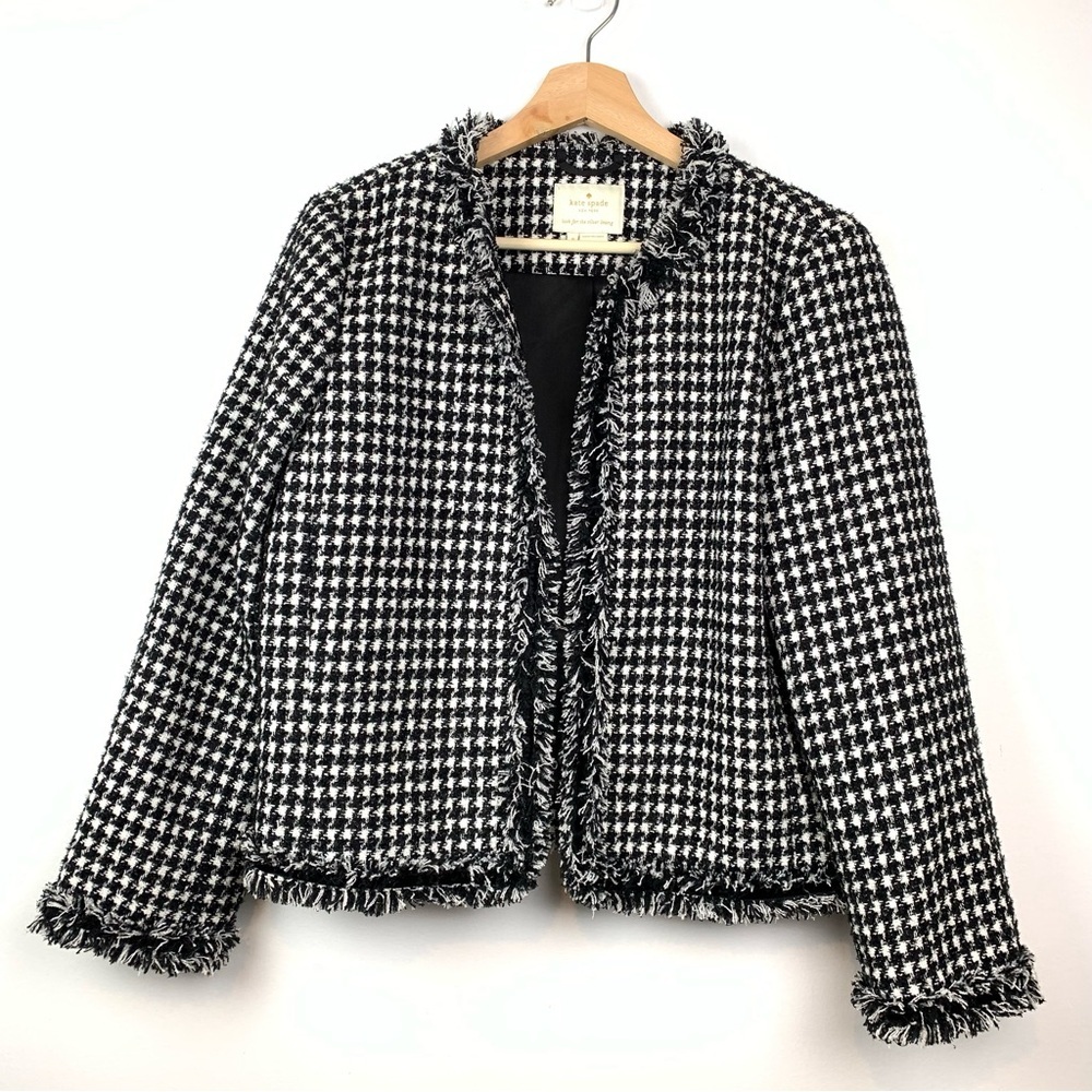 Kate Spade Tweed Blazer Black White Houndstooth Open Sz 8 Elegant Old Money